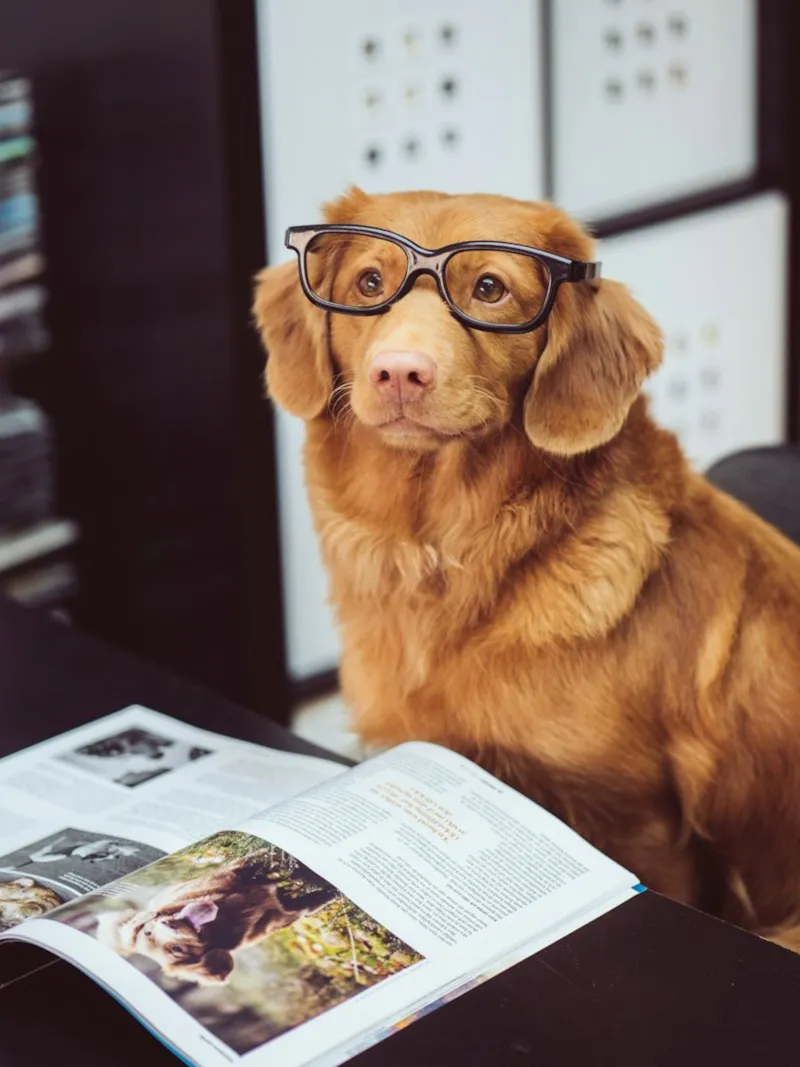 Cão com óculos ao lado de uma revista aberta, simbolizando estudo e informação
