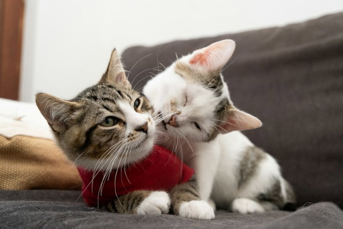 Dois filhotes de gato brincando juntos no sofá