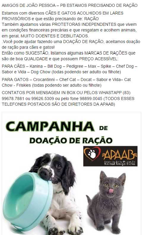 Eventos de adoção de cachorros e gatos - Evento Solidário de Adoção e Doação de Ração em João Pessoa em PB - João Pessoa