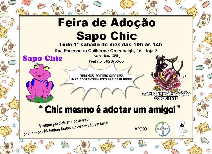 Eventos de adoção de cachorros e gatos - Feira de Adoção Sapo Chic em Niterói - Um encontro de corações! em RJ - Niterói