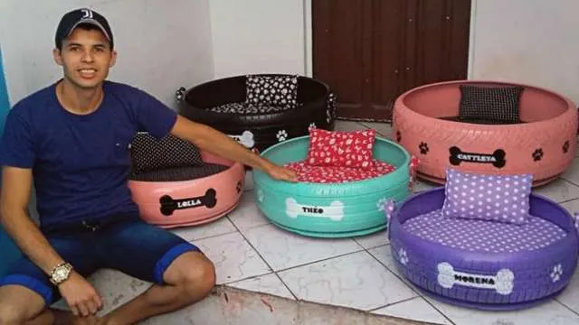 Jovem paraibano transforma pneus velhos em caminhas para animais.