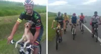 Ciclistas encontram cão abandonado em estrada e o levam para casa, em São Paulo.