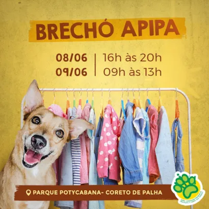 Olha que legal! Dias 8 e 9 de junho estaremos no Parque Potycabana com nosso Brechó! São muitas roupas em ótimo estado e um precinho maravilhoso! Vem renovar seu guarda roupas e ainda ajudar nossos animais do abrigo!
Dia 08/06 - 16h às 20h
Dia 09/06 - 0