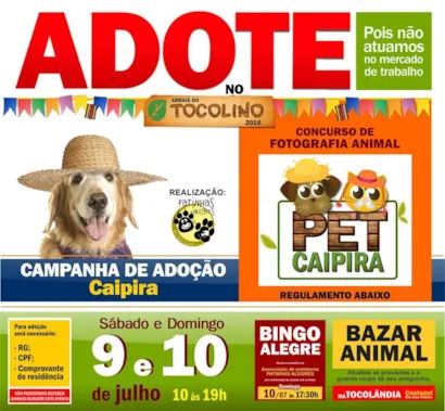 ARRAIÁ ANIMAL - O arrasta pata do Ajuda Animal Ilha

Domingo de 12:00 a 18:00
Convidamos todos para dançar um forró nessa festança que iremos realizar. Será uma festa alegre, com música, sorteios de brindes, bingo, bazar animal, lojinha com produtos do