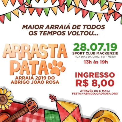 Público · Organizado por Abrigo João Rosa


E chegou mais um Arraiá!! O Arrasta Pata é a tradicional festa caipira do Abrigo João Rosa! 

Evento de extrema importância para arrecadar fundos para os cuidados dos 180 cães que abrigamos!!

O QUE TEREM