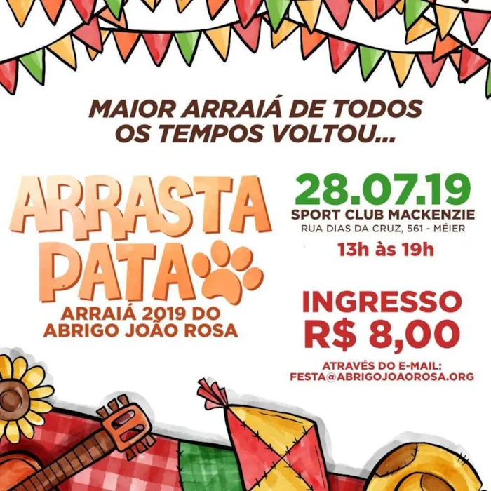 Público · Organizado por Abrigo João Rosa


E chegou mais um Arraiá!! O Arrasta Pata é a tradicional festa caipira do Abrigo João Rosa! 

Evento de extrema importância para arrecadar fundos para os cuidados dos 180 cães que abrigamos!!

O QUE TEREM