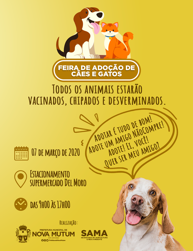 Participe da feira de adoção em Nova Mutum e encontre seu novo amigo de quatro patas. Venha transformar vidas e fazer um animal feliz!