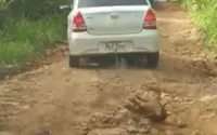 Homem arrastando cachorro em Jaraguá