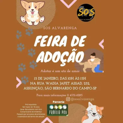 Atenção, moradores de São Bernardo do Campo e região! Marquem em seus calendários o dia 15 de janeiro para um evento muito especial: a Feira de Adoção da SOS Alvarenga!

?? Evento: Feira de Adoção de Animais
??? Data: 15/01/2024
? Horário: Das 10h às 