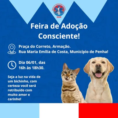 Venha participar da Feira de Adoção Consciente em Penha, SC! Este é o seu chamado para começar o ano com uma boa ação - adotando um novo amigo peludo! ??

?? Marque no seu calendário: 06 de janeiro de 2024
? Hora: Das 16h às 18h30
?? Local: Praça do C