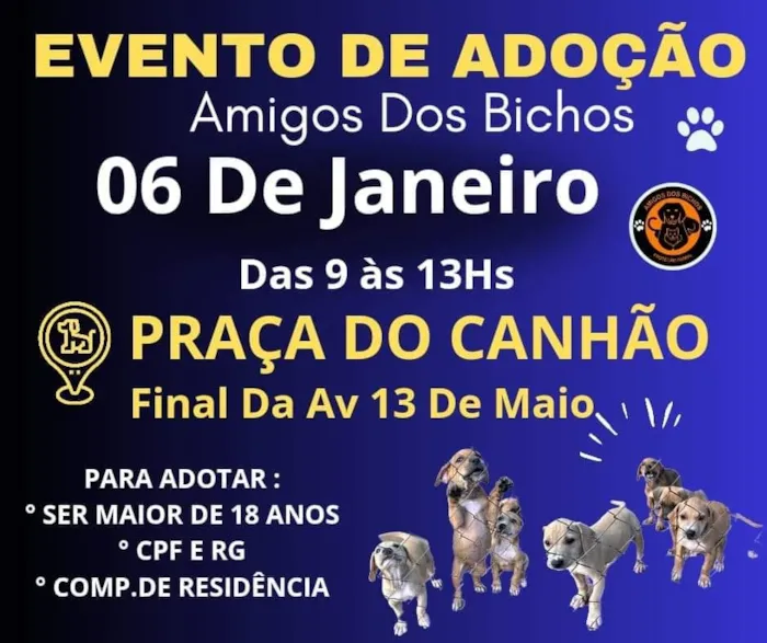 Venha encontrar seu novo amigo de quatro patas no Evento de Adoção Amigos dos Bichos! ??

?? Marque a data: 06 de janeiro de 2024 – Um dia especial para o amor e a esperança.

?? Local: Praça do Canhão, Ribeirão Preto – No coração da cidade, esperando