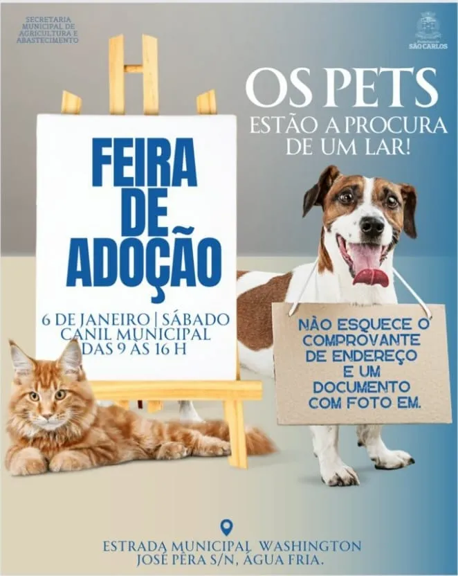 Encontre seu novo amigo peludo na Feira de Adoção Animal em São Carlos. Dia 6 de Janeiro de 2024. Não perca essa chance de fazer um coração feliz!