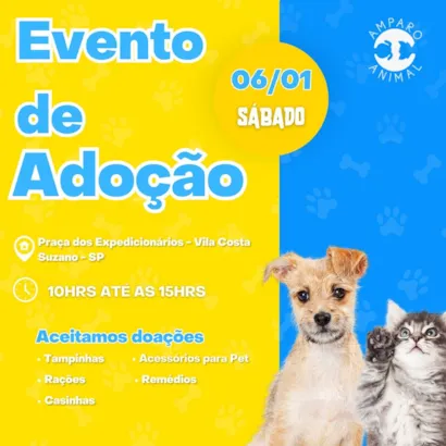 ???? ENCONTRE SEU NOVO MELHOR AMIGO EM SUZANO! ????

Venha participar do nosso emocionante Evento de Adoção de Animais! ??

?? Data: Sábado, 06 de Janeiro de 2024
?? Local: Praça dos Expedicionários, Vila Costa, Suzano - SP
? Horário: Das 10h às 15h