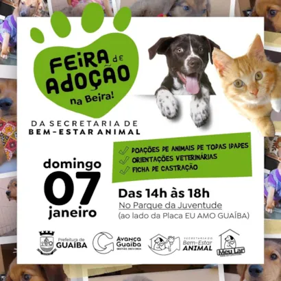 Atenção amantes de animais e corações generosos de Guaíba!

Preparem-se para um dia repleto de fofura e amor com a "Feira de Adoção na Beira!", um evento incrível organizado pela Secretaria de Bem-Estar Animal que vai transformar a vida de muitos amigos