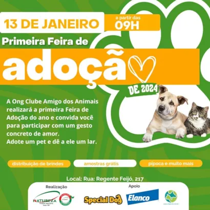 Venha iniciar o ano com uma atitude que aquece o coração! A ONG Clube Amigo dos Animais convida você para a Primeira Feira de Adoção de 2024, que acontecerá em Araçatuba, SP. Participe deste evento repleto de amor e compaixão no dia 13 de janeiro, a parti