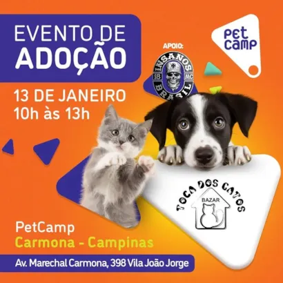 Venha fazer a diferença no início deste novo ano! ?? Junte-se a nós no dia 13 de janeiro, das 10h às 13h, para o Evento de Adoção na PetCamp, localizado na Av. Marechal Carmona, 398 Vila João Jorge, em Campinas, e dê uma segunda chance a um amigo de quatr