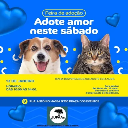 Venha descobrir o amor incondicional de um novo amigo de quatro patas! ????

?? FEIRA DE ADOÇÃO DE ANIMAIS - POÁ ??

Neste sábado, 13 de janeiro, a cidade de Poá se ilumina com um evento especial que promete aquecer corações e oferecer um lar cheio de