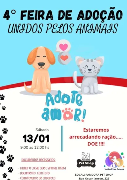 Venha encontrar seu novo melhor amigo na 4ª Feira de Adoção Unidos Pelos Animais! ???
Está procurando por uma dose extra de alegria na sua vida? Então, você está convidado para o nosso evento especial de adoção de animais, que acontecerá no dia 13 de j