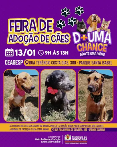 Atenção, moradores de Sorocaba e região! ???? Preparem-se para um dia cheio de amor e alegria no evento "Feira de Adoção de Cães - DÊ UMA CHANCE, ADOTE UMA VIDA!" Esta é a oportunidade perfeita para você abrir as portas do seu lar e do seu coração para um