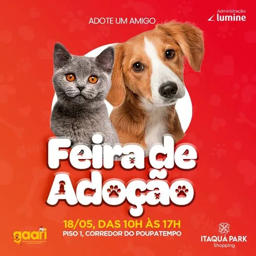 Participe da Feira de Adoção em Itaquaquecetuba no dia 18 de maio! Encontre seu novo amigo de quatro patas e ofereça um lar cheio de amor.
