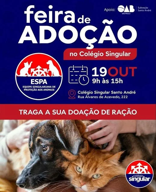 Participe da Feira de Adoção de Animais no Colégio Singular em Santo André, dia 19 de outubro, das 9h às 15h. Encontre seu novo melhor amigo!