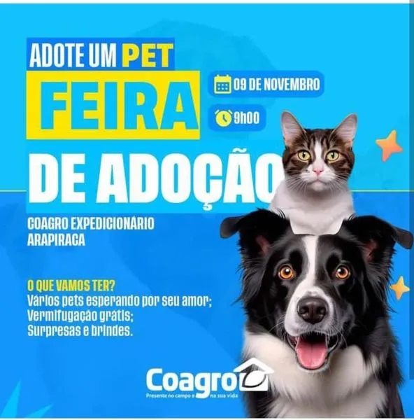 Participe da Feira de Adoção de Pets em Arapiraca no dia 09 de novembro, às 9h, no Coagro Expedicionário. Encontre seu novo melhor amigo e aproveite serviços gratuitos!
