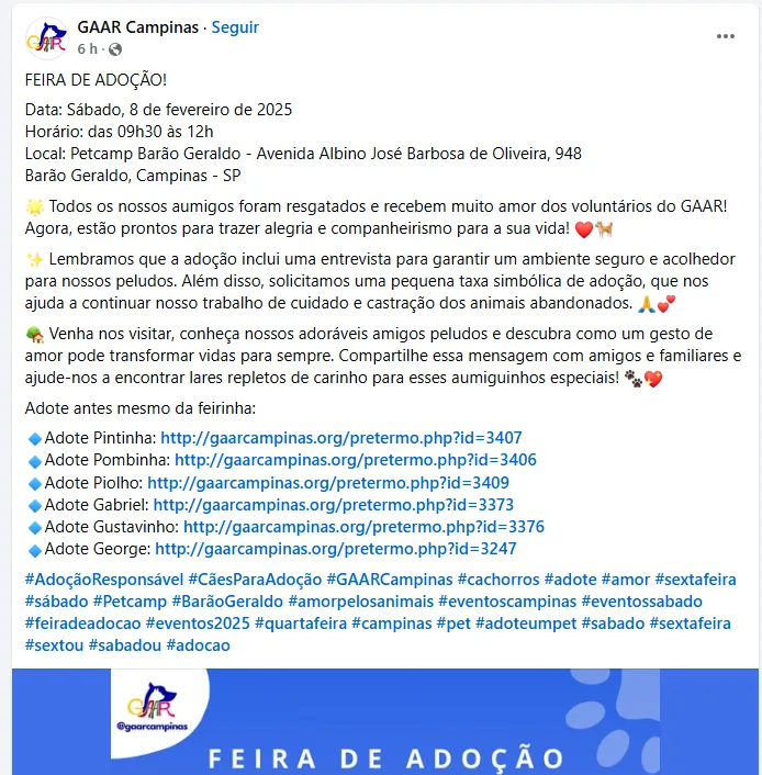 Feira de Adoção de Pets em Campinas: neste sábado, 8 de fevereiro, venha encontrar seu novo amigo na Petcamp Barão Geraldo e mude uma vida!