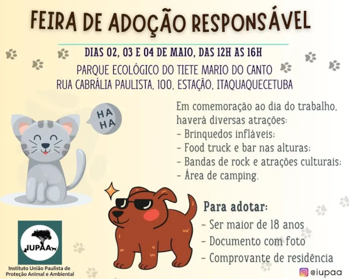 Adoção de Animais em Porto Alegre dia 4 de maio de 2025 no Parque Ecológico do Tietê. Adote um novo amigo e aproveite ações e atrações.
