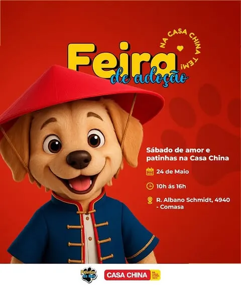 Participe da Feira de Adoção de Animais em Joinville no dia 24 de maio, das 10h às 16h, na Casa China. Encontre o seu novo melhor amigo hoje!