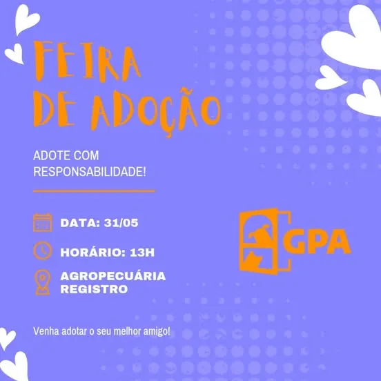 Não perca a Feira de Adoção em Registro no dia 31/05/2025. Encontre seu novo melhor amigo e adote com responsabilidade!
