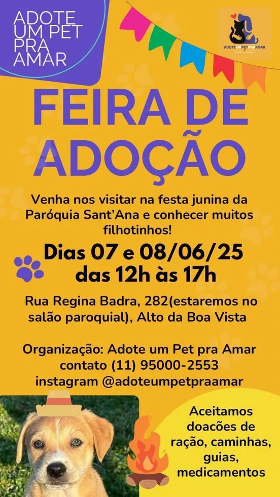 Descubra filhotinhos adoráveis para adoção na festa junina da Paróquia Sant'Ana. Dias 07 e 08 de junho de 2025, das 12h às 17h. Rua Regina Badra, 282, SP. Organizado por Adote um Pet pra Amar.