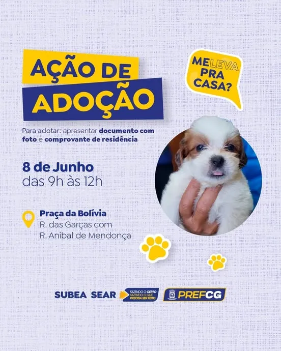 Junte-se a nós na Ação de Adoção na Praça da Bolívia, em Campo Grande, no dia 8 de Junho de 2025. Adote um pet e ganhe um amigo para a vida toda!