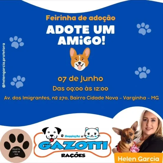 Participe da Feirinha de Adoção "Adote um Amigo!" em Varginha, MG. Encontre seu novo amigo no dia 07 de junho de 2025, das 09:00 às 12:00, na Av. dos Imigrantes.