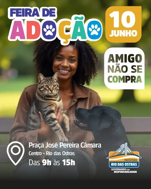 Participe da Feira de Adoção de Animais em Rio das Ostras no dia 10 de junho. Encontre seu novo amigo e ajude a transformar uma vida!