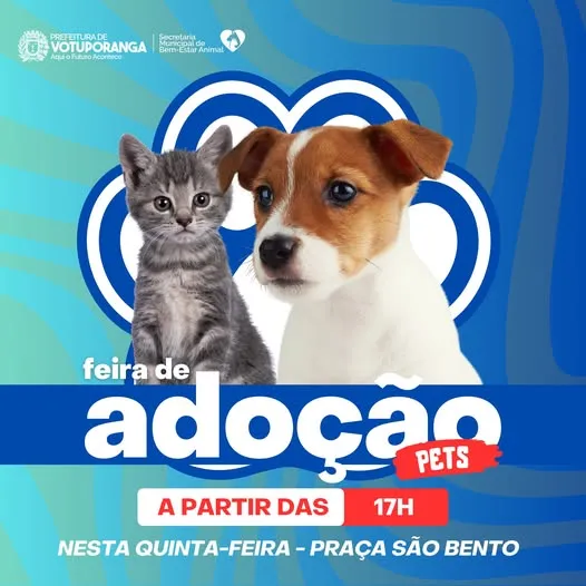 Participe da Feira de Adoção de Pets em Votuporanga. Evento imperdível na Praça São Bento. Não perca!