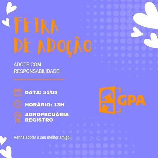 Participe da Feira de Adoção em Registro no dia 31/05. Adote com responsabilidade e transforme a vida de um pet!