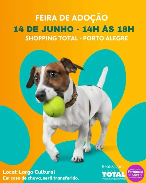 Participe da Feira de Adoção de Animais no Shopping Total, Porto Alegre. Dia 14 de junho, das 14h às 18h. Leve para casa um novo amigo!