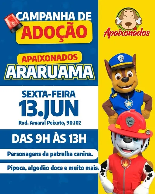 Junte-se a nós na feira de adoção em Araruama, dia 13 de junho de 2025. Com diversão garantida para toda a família, descubra como é fácil se apaixonar!