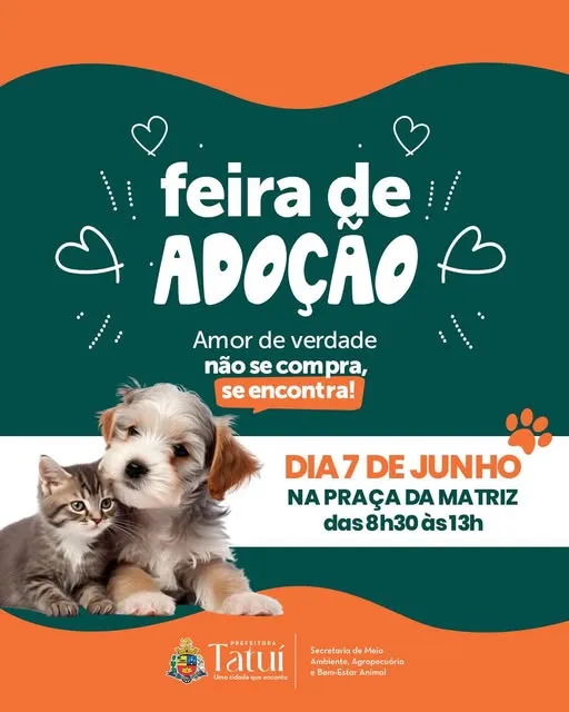 Participe da Feira de Adoção em Tatuí na Praça da Matriz. Encontre seu novo amigo de estimação no dia 7 de junho de 2025, das 8h30 às 13h!
