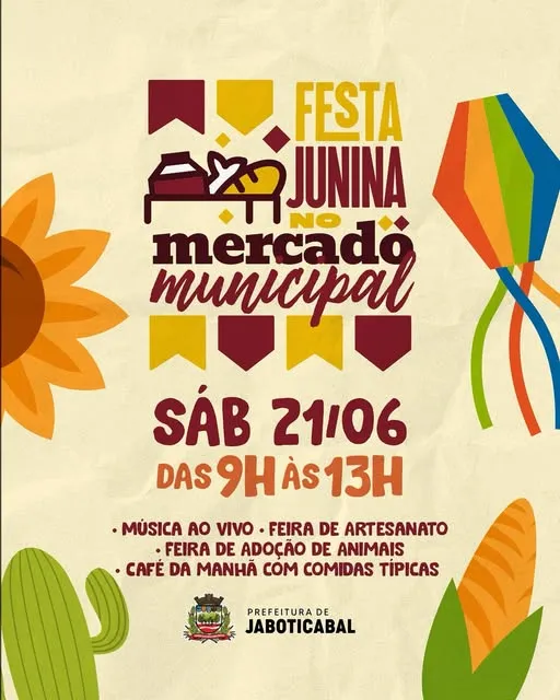 Confira a Festa Junina no Mercado Municipal em Jaboticabal com feira de adoção de animais, artesanato e comidas típicas no dia 21/06/2025, das 9h às 13h.