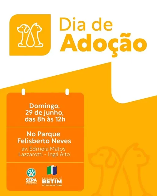 Participe do Dia de Adoção no Parque Felisberto Neves em Betim e encontre seu novo animal de estimação. Domingo, 29 de junho de 2025, das 8h às 12h.