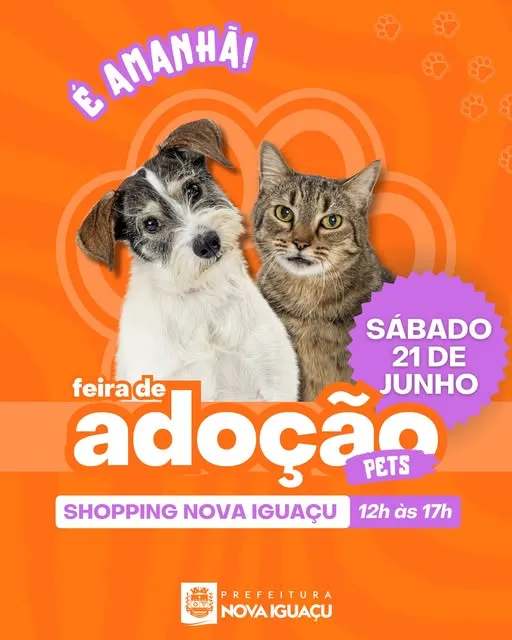 Participe da Feira de Adoção de Pets no Shopping Nova Iguaçu em 21 de junho de 2025, das 12h às 17h. Encontre seu novo melhor amigo!