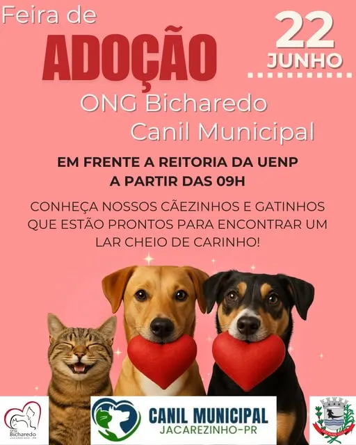 Participe da Feira de Adoção em Jacarezinho em 22 de junho de 2025. Dê um lar cheio de carinho para cães e gatos que esperam por você!