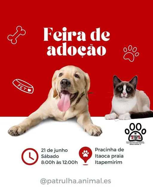 Participe da Feira de Adoção em Itapemirim no dia 21 de junho de 2025! Venha adotar um pet e faça a diferença na vida de um animalzinho. Esperamos por você das 8h às 12h na Pracinha de Itaoca.
