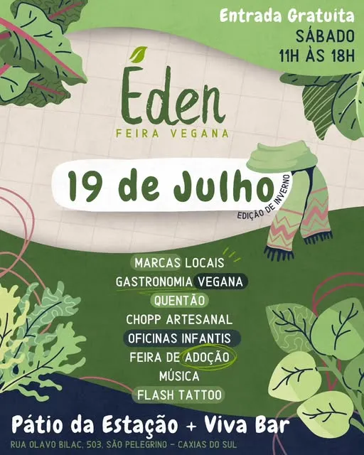Participe da Feira Vegana no dia 19 de julho de 2025 em Caxias do Sul. Comida vegana, música, oficinas e feira de adoção. Entrada gratuita!