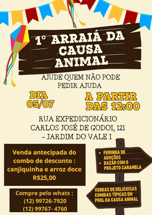 Participe do Arraiá da Causa Animal em São José dos Campos! Feirinha de adoções e comidas típicas dia 05/07/2025.