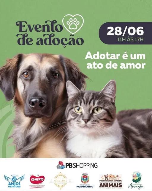 Junte-se ao evento de adoção no PB Shopping, em Pato Branco, e transforme a vida de um animal. Adotar é um ato de amor!
