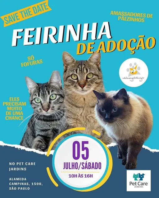 Participe da Feirinha de Adoção de Animais no Pet Care Jardins em São Paulo, em 5 de julho de 2025. Adote um amigo peludo e transforme uma vida!