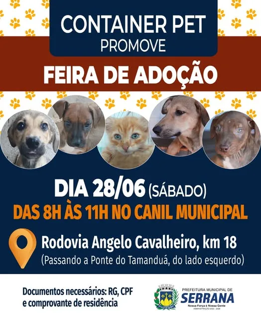 Participe da feira de adoção de animais promovida pela Container Pet em Serrana, SP. Traga seus documentos e encontre um novo amigo!