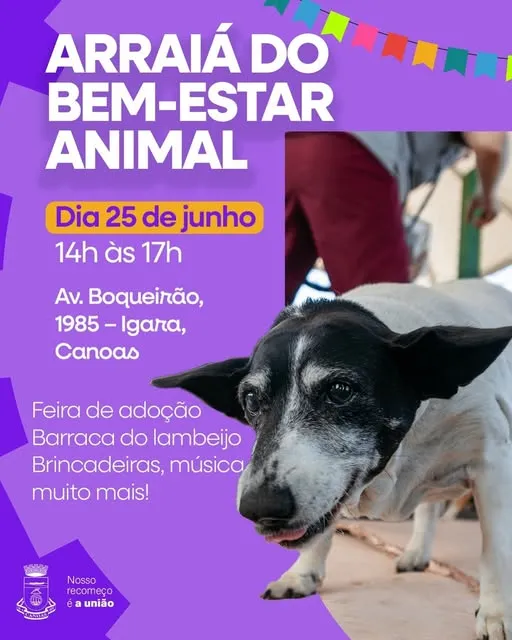 Não perca o Arraiá do Bem-Estar Animal em Canoas! Dia 25 de junho de 2025, com feira de adoção, barracas, brincadeiras e muita música. Venha fazer parte!